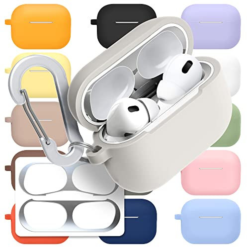superdivision [3 in 1] AirPods Pro 2 Silicone Case + Anti-Lost Carabiner + Dust Guard Metal Film, Protective Cover with Keychain for Apple AirPods Pro 2 (2022) [Front LED Visible] (Hazy)