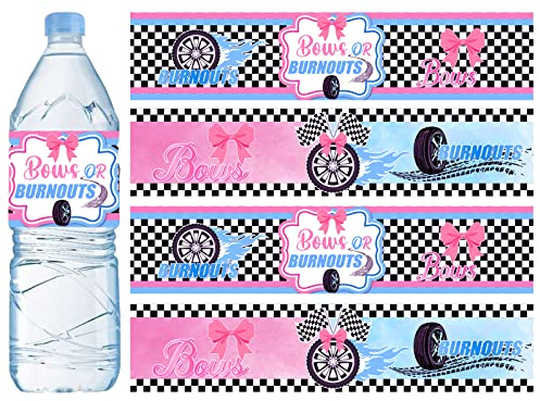 28 Burnouts or Bows Gender Reveal Water Bottle Labels, Beverage Juice Drink Bottle Stickers Birthday Baby Shower Party Decoration for Boys & Girls