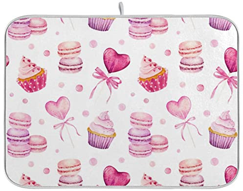 Gm1362317741 - Patrón de acuarela con macarrones y piruletas aisladas en blanco para encimera de cocina de 18 x 24 pulgadas, almohadilla absorbente de platos de microfibra para escurridor de platos Fa