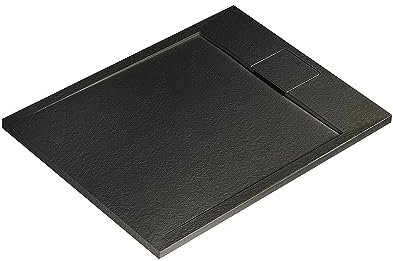 Ideal Standard - Ultra Flat S i.life, Piatto doccia rettangolare 100x90 in resina, Piletta di scarico lato corto, Finitura opaca effetto pietra, Nero