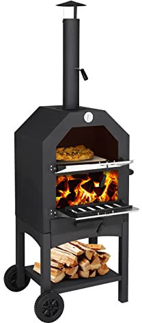 Outopee Outdoor Pizza Oven - Wood Fired with Adjustable Chimney, Pizza Stone, Peel, Removable Wheels for Barbecue, Camping, Backyard Party