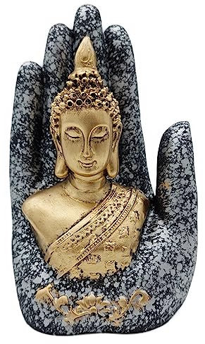 AB India Crafts Hand Palm Buddha Statue Marmor Harz Silbergrau Gold 18x10,5x8 cm | Dekoration Spiritualität Harmonie