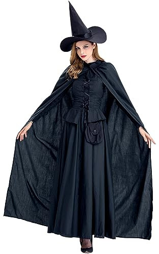 GRAJTCIN Damen Wicked Witch Kostüm, 4 Stück Halloween Deluxe Hexe Kleid Schwarz, Schwarz (Classic), M