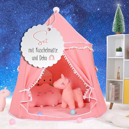 LIONHERZ® Das ORIGINAL Tente de jeu pour enfant respirante en coton et chanvre - Château de princesse avec barres en fibre de verre, sac, tapis et décoration - Tipi stable pour fille (rose corail