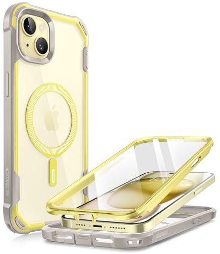 i-Blason Ares Schutzhülle für iPhone 15 / iPhone 14 / iPhone 13 (6,1 Zoll), kompatibel mit MagSafe [integrierter Displayschutz], stoßfest, robust, transparent, Gelb
