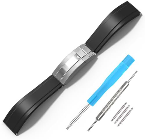 RBIPO Rubber Watch Strap for Rolex Submariner Ghost Daytona Yachtmaster 20mm Black Rubber Watch Band Quick Release Rolex Replacement Strap and Omega Silicone Watch Band for Men, Black silver buckle