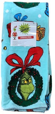 Franco Manufacturing Co. Inc. Dr. Seuss Grinch Weihnachtsüberwürfe und -decken, Blaugrün, Grinch Kranz, Portrait, Überwurf, 127 x 152,4 cm