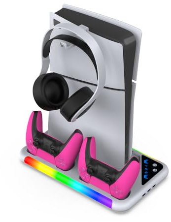Estación de refrigeración Cargador doble de mando para PS5 Slim Stand, estación de carga de mando Gancho para auriculares con luz RGB para PS5 Slim (Blanco)