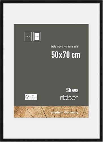 nielsen Bilderrahmen mit Passepartout, 50 x 70 cm, Holz, Schwarz, Posterrahmen zum Aufhängen im Hoch- & Querformat, Echtglas, Skava