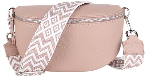 MIRROSI® Bauchtasche Damen, Echtleder, Made in Italy, Umhängetasche, Brusttasche, Crossbody Bag (1 Tasche & 2 Gurte) (Rosa (BOHE Rosa), Große Tasche (28x18x9cm))