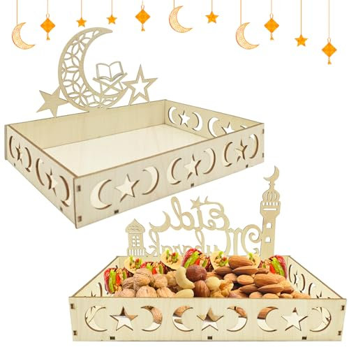 Atuoxing 2PCS Assiette Ramadan Decoration 2024, Plateau en Bois Décoration Eid Mubarak, Plateaux Lune et Étoile pour Dessert Collations Ramadan Decoration Table (AB)