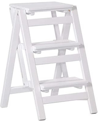 Scaletta in Legno Bianca a 3 gradini, Sgabello Pieghevole, scalette in Legno massello, Sgabello, scalette Portatili, scaffali per Cucina, Biblioteca per Ufficio