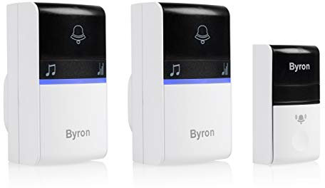 Byron Wireless Doorbell Kit - Kinetic Energy - 2 Chimes Included - Easy Installation - Range: 100 m in Open Field - Adjustable Volume and melodies - 80 dB max - DBY-23615BS