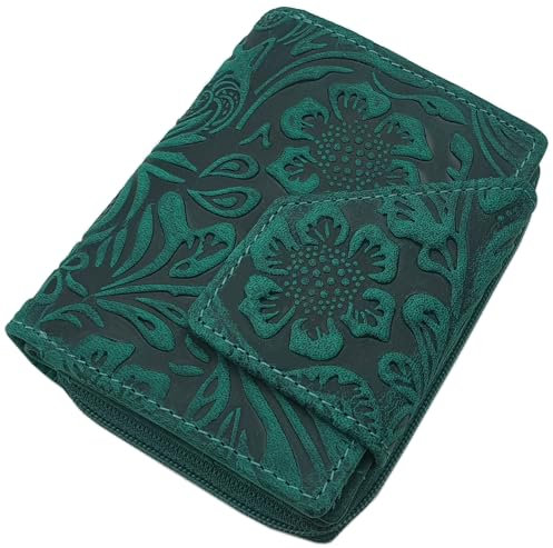 myledershop Kleine Büffel-Vollleder Damen Geldbörse/Geldbeutel/Portemonnaie/Geldtasche in Hochformat mit Lianen Prägung und RFID & NFC Schutz (Petrol)