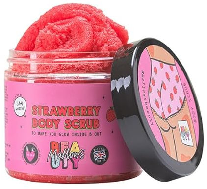 Mallows Beauty Strawberry Body Scrub, Exfoliating Body Scrub, Mixed Sugar and Salt Scrub, Prevents Strawberry Legs, Vegan and Handmade in the UK, 280g