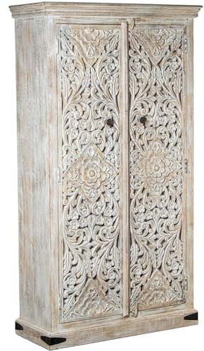 DRW Schrank mit 2 Türen, geschnitzt mit Mandalas, aus Holz, Weiß, gebeizt, 100 x 40 x 180 cm