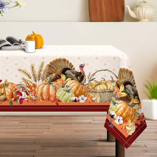 Arquiel Tischdecke Rechteckige, Tischtuch Abwaschbar Vintage Erntedankfest Tischdecken Ahornblatt Truthahn Tischdecke für Party Picknick Herbst Abendessen Dekor(152 x 213 cm)