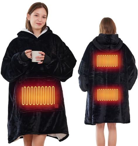 Askyli USB Heated Blanket Hoodie, Cordless Wearable Electric Blanket Hoodie, Oversized Blanket with Large Heating Area, Back Cozy Warm Blanket for Women Men, Black (No Battery Pack)