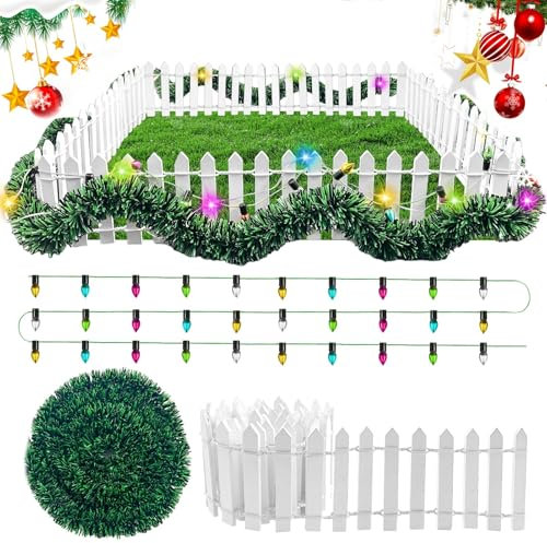 Wichtel zubehör Weihnachten,Miniatur Zaun Gartenzaun Holz,90 x 5cm Fairy Garden Holzzaun,mit Deko Lichterkette 100cm,200cm Fairy Lights LED,Puppenhaus zubehör,wichtel zubehör Weihnachten(Bunt)