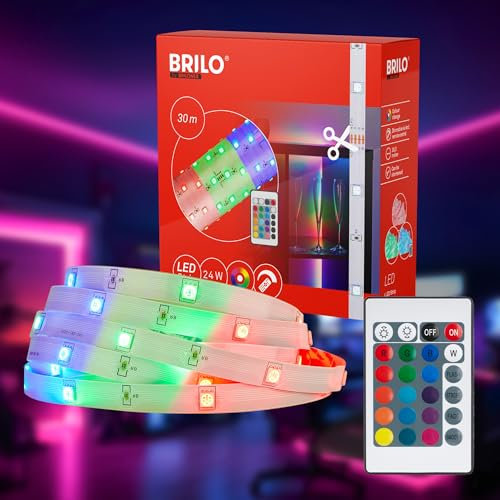 BRILONER - LED Strip 30m mit Fernbedienung, RGB bunte Lichtfarben, Selbstklebend, LED Streifen, Leiste, Zimmer Deko, Gaming, Band, Party Deko, Lichtleiste, Lichtband, Weiß