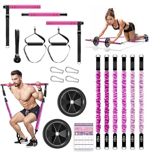 COSDIG Pilates Bar Set mit 6 Widerstandsbänder, Fitnessbänder Pilates Stangen Set mit AB Rolle, 20/30/40lbs Resistance Bands, Griffe, Türanker für Krafttraining und Körperstraffung (Rosa)