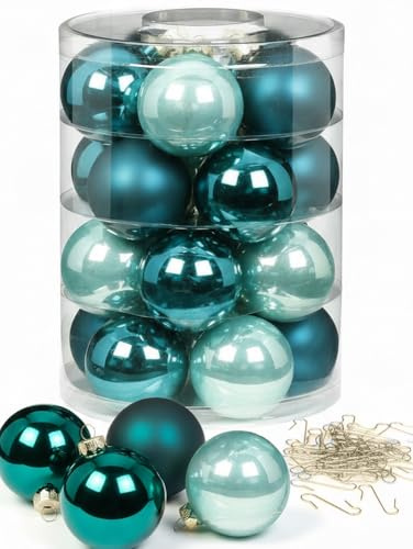 Inge Glas Weihnachtskugeln mit Haken | Schöne Christbaumkugeln aus Glas | Set 20 Kugeln und 40 Aufhänger | Christbaumschmuck Weihnachtsbaumkugeln (Green Emerald)