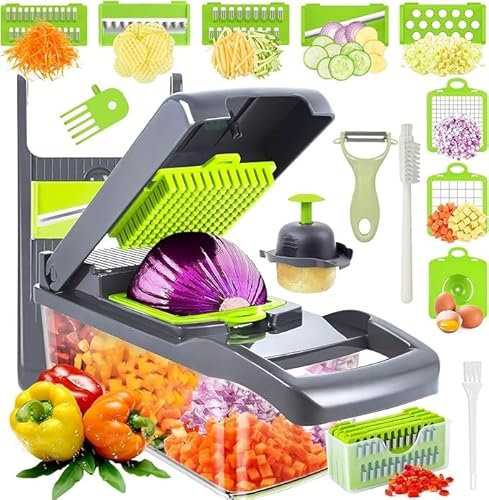 16-in-1 Gemüseschneider und Zwiebelhacker mit Edelstahlklingen – Manuelles Küchengerät zum Schneiden, Gemüsehobel, Würfeln & Julienne für Gemüse & Obst, BPA-frei, Einfach zu Reinigen & Platzsparend