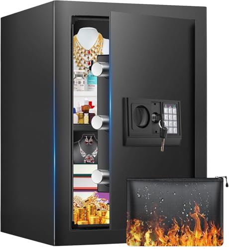 50L Großer Safe Tresor für Zuhause, Safe Tresor Feuerfest Wasserdicht mit Schlüssel, Zahlenschloss, Möbeltresor Feuerfester mit Intelligente Alarme, Wandtresor für Gold Schmuck Dokumente