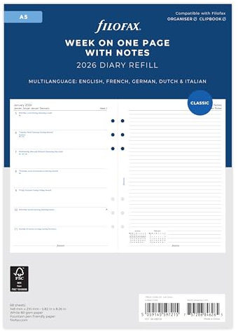 Filofax Kalender A5 1 Woche auf einer Seite + Not.mehrsp.2026