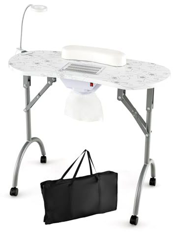RELAX4LIFE Tavolo Manicure Portatile Pieghevole con Aspiratore (Bianco) | Tavolo per Unghie con Lampada LED Regolabile, Cuscino Rimovibile, Borsa di Trasporto e 4 Ruote Bloccabili, 90 x 43 x 73 cm