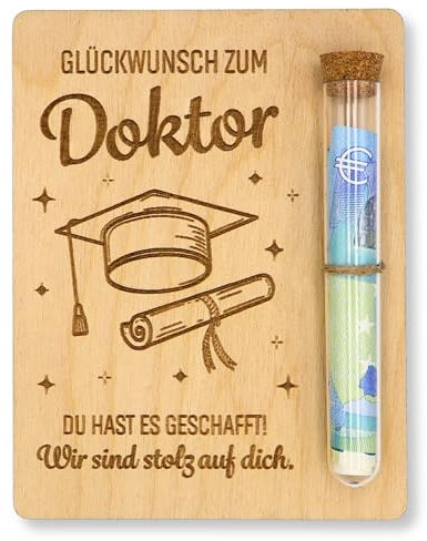 ZUKLA Verpackung für Geldgeschenke Doktor - 13 x 10 cm - mit Reagenzglas - Promotion Geschenk 2025 - Geldgeschenk Verpackung aus Holz - Doktortitel Geschenk
