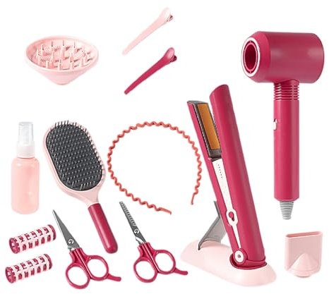 SHINROAD Pretend Play Hair Salon Set Battery-operated Toys Girls Playset Toy Beauty Styling with Blow Dryer Barber Apron Scissors Accessories Educational 15pcs