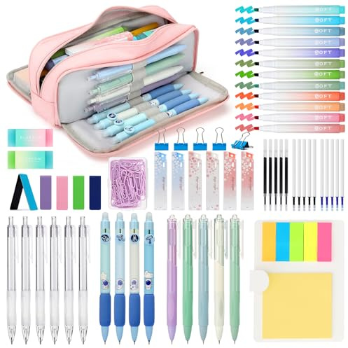 VICHOS 63 Stück Marker Schulsachen mit Rosa Mäppchen, 12 Pastell Textmarker, 5 Gelstifte, 6 Druckbleistifte, 4 Radierbare Gelstifte, Study Essentials für Teenager Aesthetic School Stuff Clean Girl