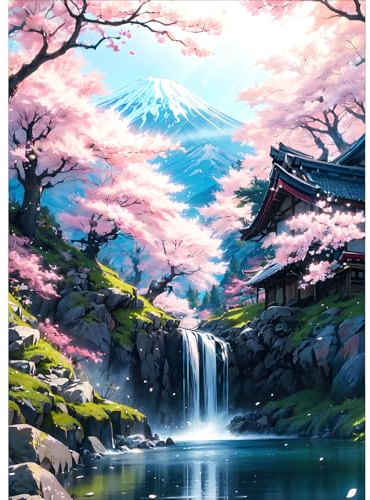 QQYRHN 5D Berg Fuji Diamond Painting Kit für Erwachsene Anfänger Kirschblüte Diamant Kunst Kits Vollständiges DIY Wasserfall Diamantstickerei-Set Perfekt zur Entspannung und Dekoration 30x40 cm