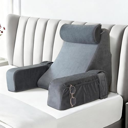 Lesekissen für Bett und Sofa, Erwachsene Rückenkissen Bett mit Nackenrolle & Armlehnen,Lesekissen für Erwachsene, Rückenstützkissen Multifunktions zum Lesen, Fernsehen, Waschbarem Bezug (Grau)
