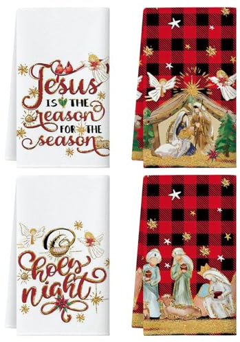 Artscope 4 Piezas Navidad Paños de Cocina 45x66cm, Negro y Rojo Dios Jesús Ángel Paños Cocina de Microfibra Navideña Trapos Paño para Decoración Hogar Regalos