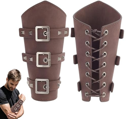 CHUANFU 2 Stück Wikinger Leder Armschützer, Mittelalterliche Armschienen PU Leder, Ritter Retro Armschienen Mittelalter Armschutz, Kostümzubehör für LARP, Renaissance, Cosplay Halloween