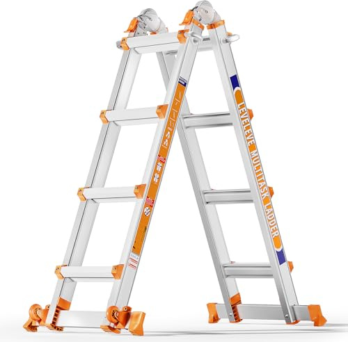 Moonlight Manor 4-Stufen-Mehrzweckleiter: 4-Stufen-Stehleiter & 14-Fuß (4,27 m) Ausziehleiter • Mit Stabilisatorstange und Rädern • 150 kg Traglast • Sicher für Treppen • Für Innen, Außen und Dach