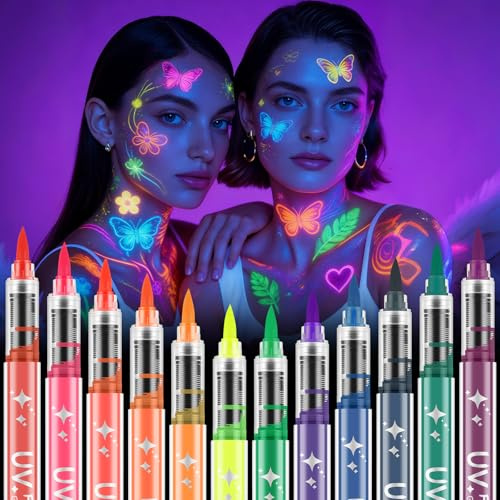 AOOWU Pintura de Cara de Neón Brillante UV, 12 Ceras de Tatuaje de Color, No Tóxico Cera Lápiz UV Neón para Adultos, Colores de Pintura Corporal para Halloween, Mardi Gras, Fiesta de Disfraces