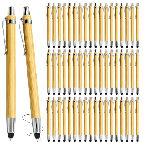 50 Stück Bambus Kugelschreiber mit Touchpen, Holz Kugelschreiber Schreibgerät, Natur & Umweltfreundlich, Touch Druckkugelschreiber, Holzkugelschreiber für Schreiben Bürobedarf Haushalt, Stifte Schwarz