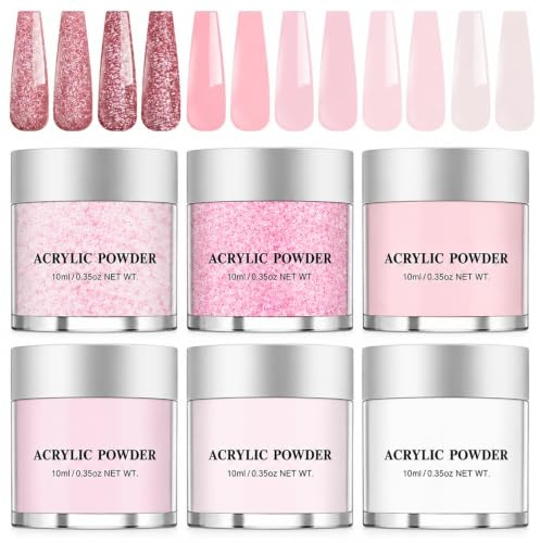 6 Colours Crystal Acrylic Powder Set - 6 x 10 ml Pink, Nude, Clear & Glitter Acrylic Nail Powder for Nails Extensions, French Manicure, 3D Carving and Nail Art, No UV/LED Lamp Needed, Long Lasting