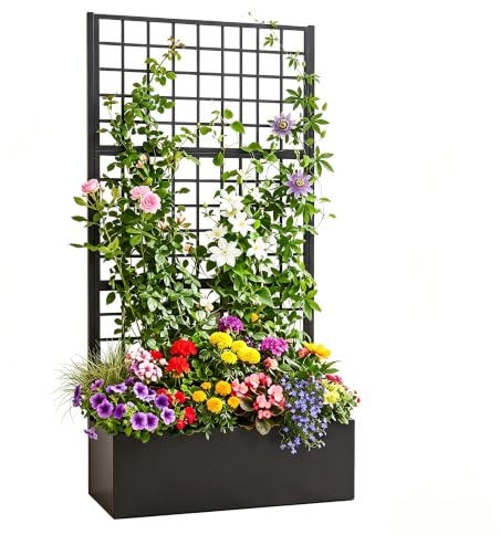 HOMASIS Jardinière avec Treillis en Métal (Rectangle, 90 x 40 x 180 cm) | Bac à Fleurs Surélevé Trous de Drainage pour Plantes Grimpantes, Jardinière Brise-Vue Extérieure