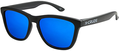 X-CRUZE 9-006 Nerd Sonnenbrillen polarisiert Style Stil Retro Vintage Retro Unisex Herren Damen Männer Frauen - schwarz matt LW/blau verspiegelt