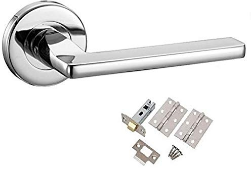 Golden Grace Leon Door Handles Complete Latch Set, Polished Chrome | Supplied with 3-inch hinges, 2.5-inch tubular latch, screws, and spindles for a sleek 52mm round rose metal handle.