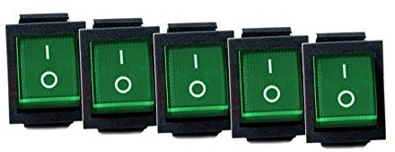 5x Wippschalter eckig grün beleuchtet 2-polig 250V 16A EIN/AUS Snap In Montage Einbaumaß 30x22mm