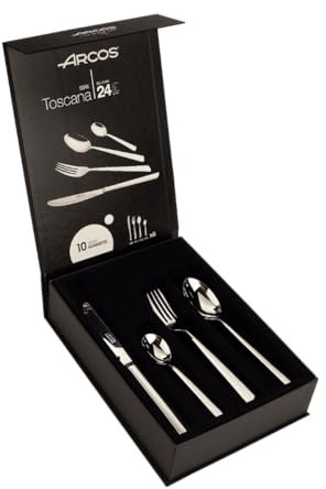 Arcos Serie Toscana - Pacco Regalo Set di Posateria 24 Pezzi (6 Coltelli + 12 Cucchiaio + 6 Forchetta) - Monoblocco Unipezzo Colore Argento