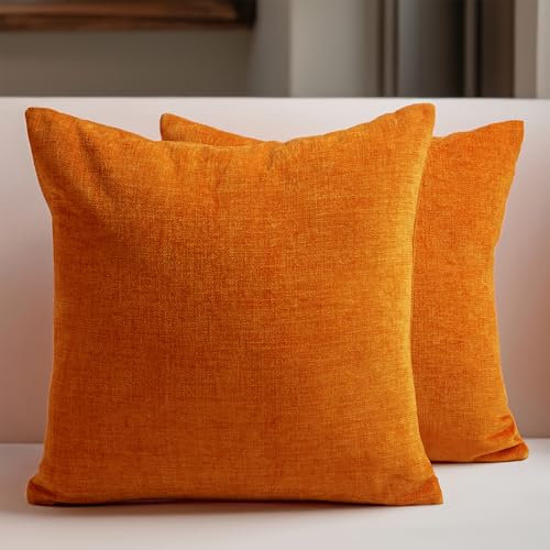 Encasa XO Housse de Coussin en Chenille Lot de 2 | Orange - (16x16) (40x40 cm) | Housses de Coussin Carrées Décoratives pour Canapé, Décoration Maison, Sofa