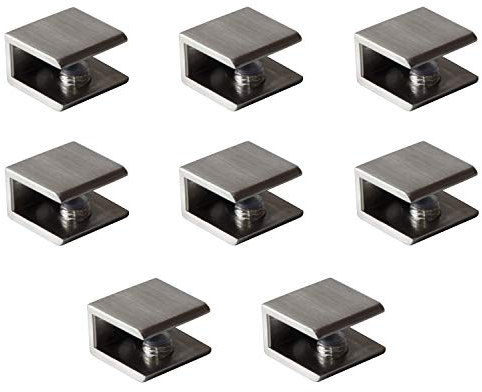 Glasklemme, 8er Set, Regal-Halter, Glashaltung, Regaltrager, Glasbodentrager, Gebürstetes Nickel Vierkantform, Verstellbar für Plattenstärke 6-10mm, Glas- und Holzböden Wandmontage