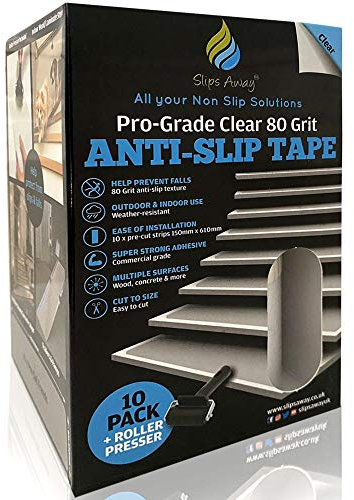 Anti Slip Tape Clear Safety Treads 10x Pack - Non Slip Stairs,Wooden Deck Floors, Boat Trailers - Strong Anti Skid 80 Grit Adhesive - FREE ROLLER PRESSER INCLUDED - UK BRAND - SLIPS AWAY®