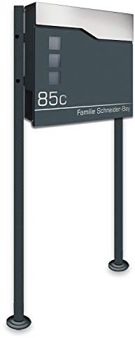 Zalafino Briefkasten incl. Standfuß freistehend in anthrazit - individualisierbarer Design-Briefkasten aus pulverbeschichtetem Stahl mit Zeitungsrolle, Sichtfeldern und Standfuß
